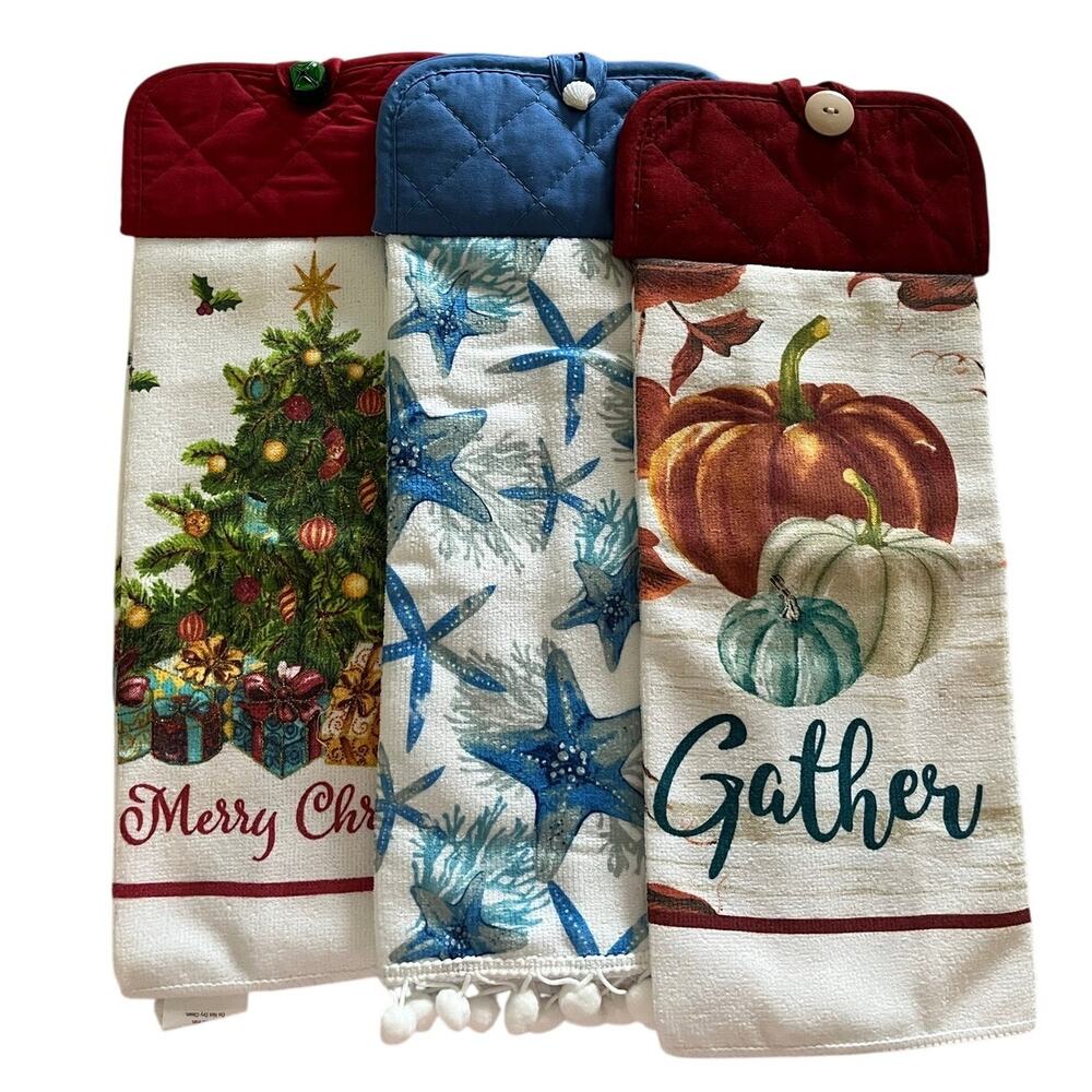 Lot of 3 Seasonal Handmade Hanging Towels Fall Summer Winter Christmas